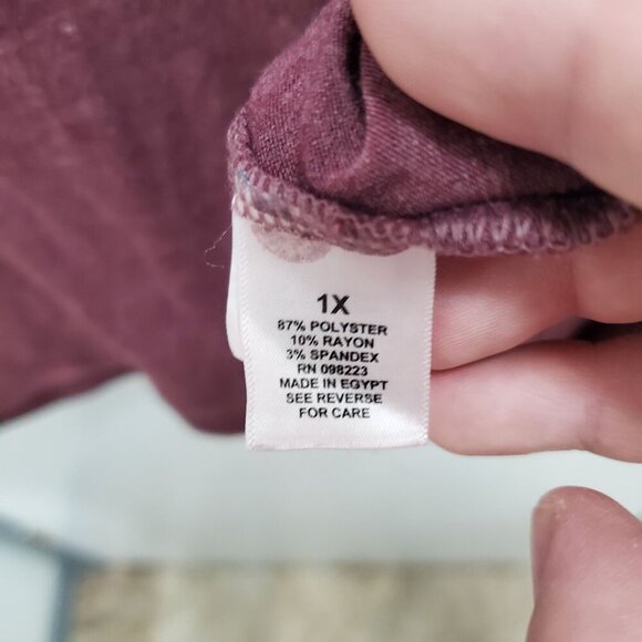 BCG Woman's Maroon Loose Fit Cage Open Cross Drape Back Yoga Active Tee Plus 1X - Picture 3 of 5